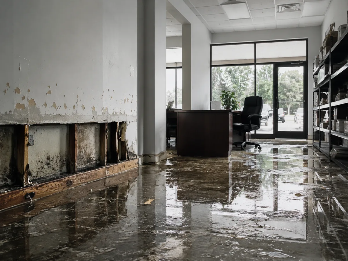 A flooded commercial office space
