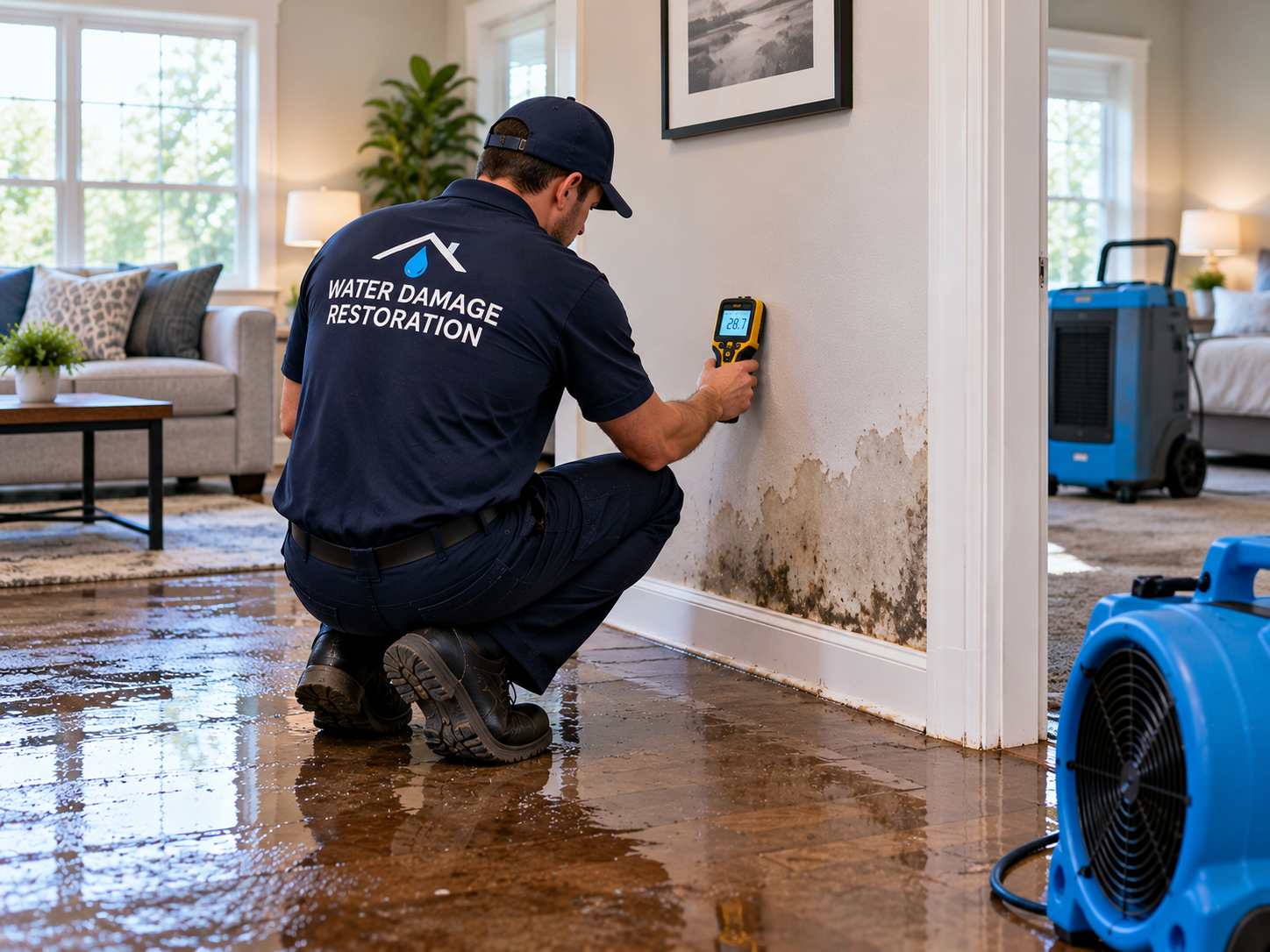 Water damage restoration team working in a commercial space