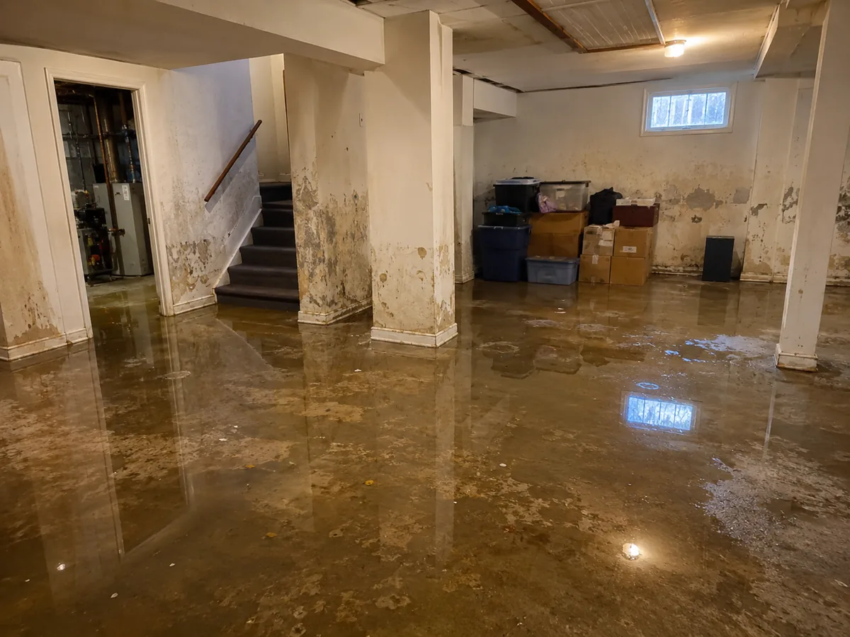 A flooded basement before water damage cleanup begins