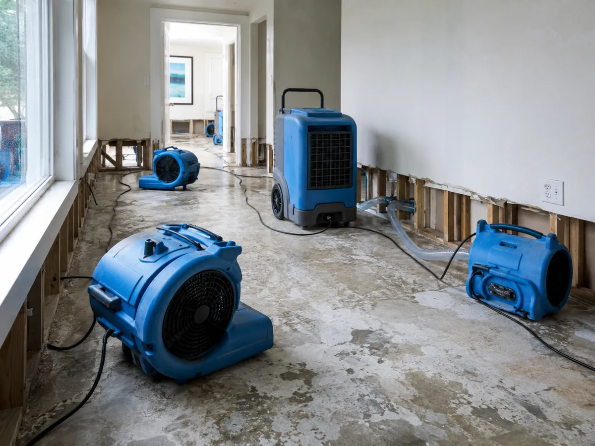Industrial air movers and a dehumidifier drying out a water-damaged room