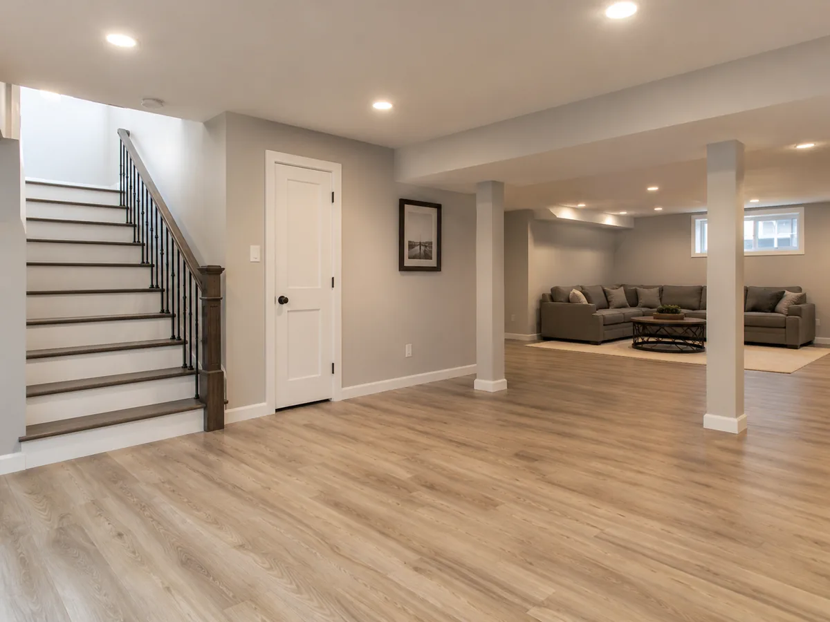 A fully restored, dry basement living space after water damage repair