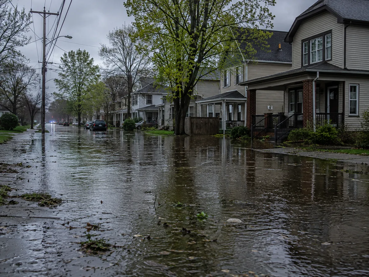 A residential street flooded after a storm