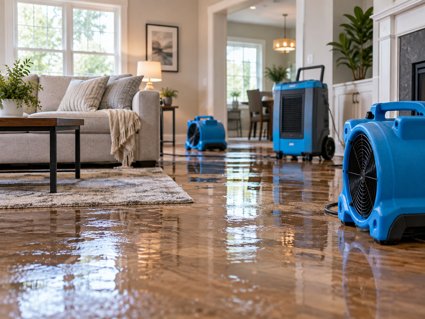 Air movers and dehumidifier drying a water damaged room