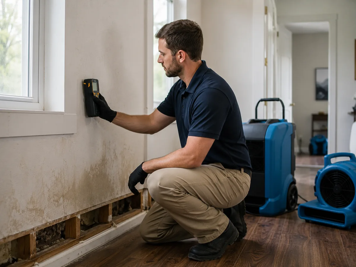 Technician using a moisture meter to check a wall for hidden water damage