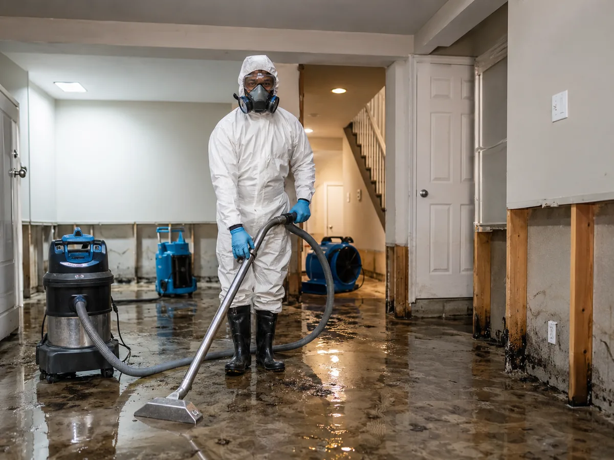 Technician in full PPE performing sewage backup cleanup