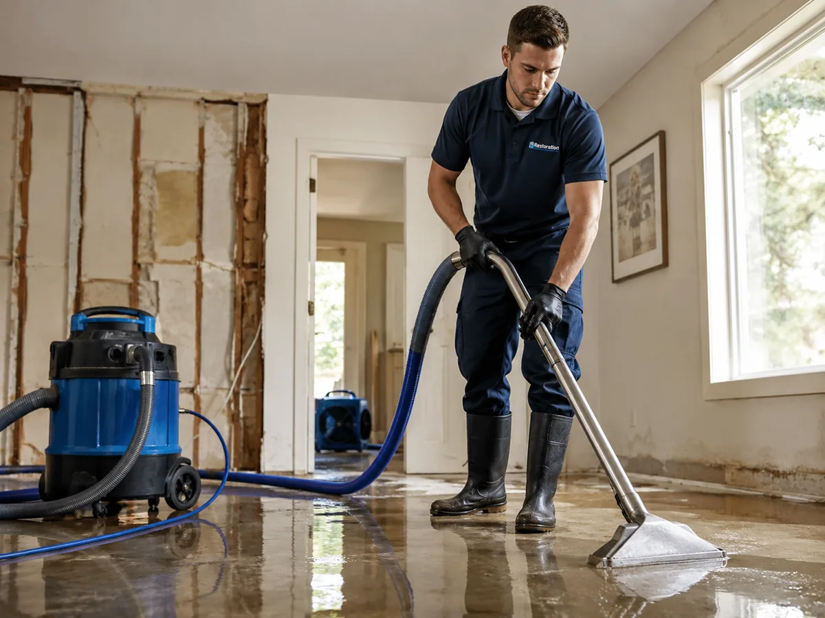 Technician using extraction equipment to remove standing water from a flooded floor